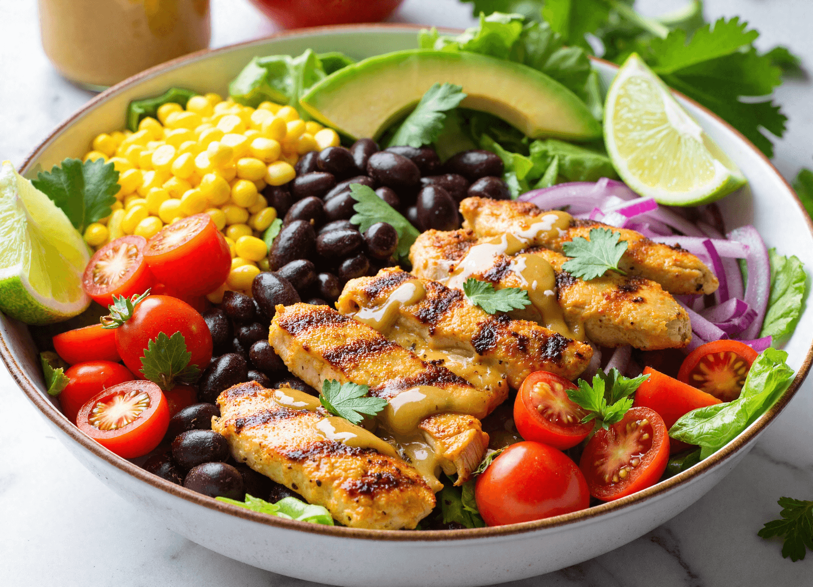 Grilled chicken salad bowl with corn, black beans, avocado, cherry tomatoes, and red onion on a bed of greens.
