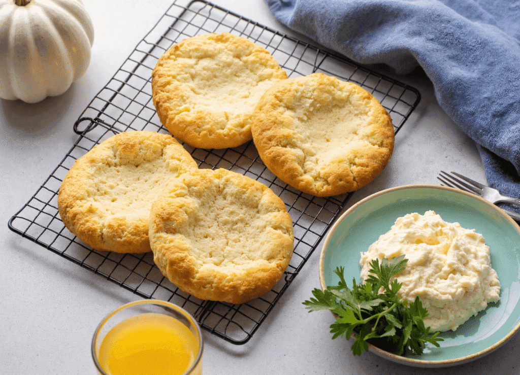Four cottage cheese cloud bread rounds cooling on a wire rack next to a plate of whipped cottage cheese.