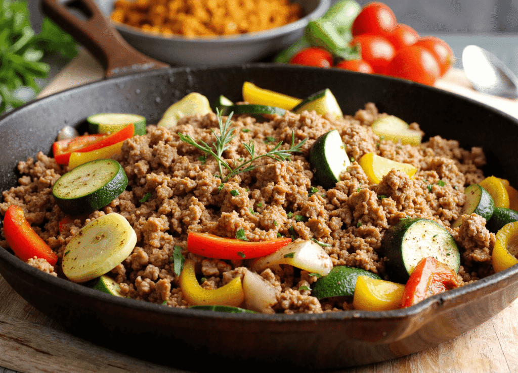 One-pan dinner with ground turkey, zucchini, red and yellow bell peppers, and herbs in a cast iron skillet.