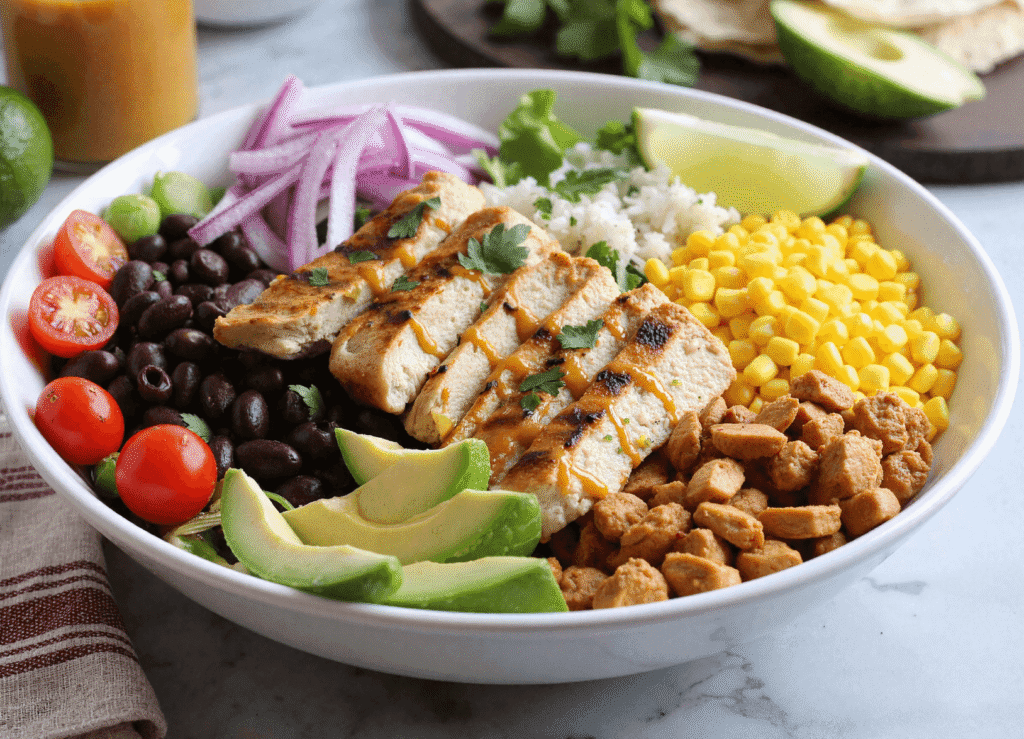 Bowl filled with grilled chicken, black beans, corn, avocado, tomatoes, and red onion over rice and greens.