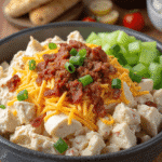 Loaded steakhouse potato salad in a black bowl, topped with crispy bacon crumbles, shredded cheddar cheese, green onions, and served with celery on the side.