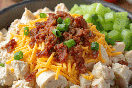 Loaded steakhouse potato salad in a black bowl, topped with crispy bacon crumbles, shredded cheddar cheese, green onions, and served with celery on the side.