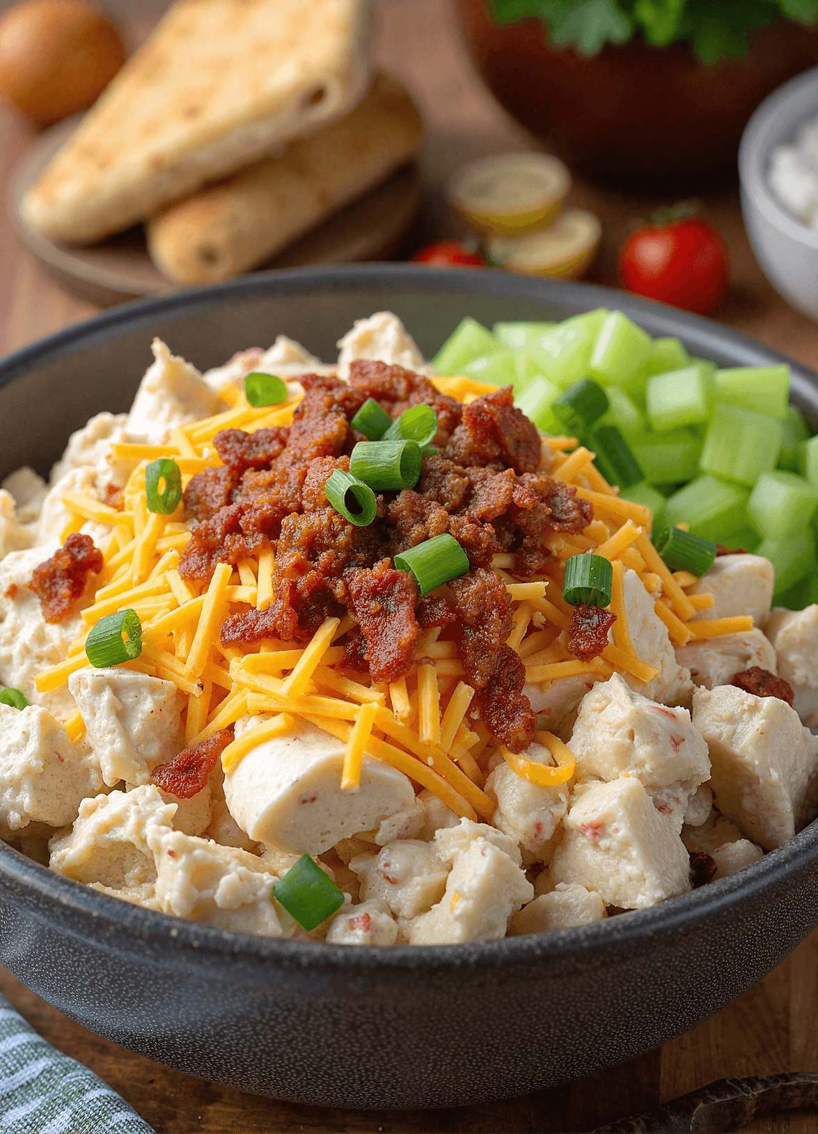 Loaded steakhouse potato salad in a black bowl, topped with crispy bacon crumbles, shredded cheddar cheese, green onions, and served with celery on the side.
