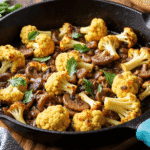 Low-carb garlic cauliflower mushroom skillet simmered in savory sauce with fresh parsley garnish.