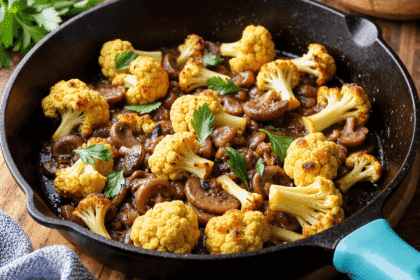 Low-carb garlic cauliflower mushroom skillet simmered in savory sauce with fresh parsley garnish.