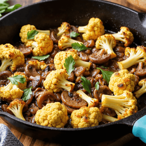 Low-carb garlic cauliflower mushroom skillet simmered in savory sauce with fresh parsley garnish.