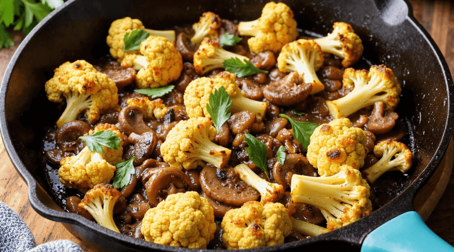 Low-carb garlic cauliflower mushroom skillet simmered in savory sauce with fresh parsley garnish.