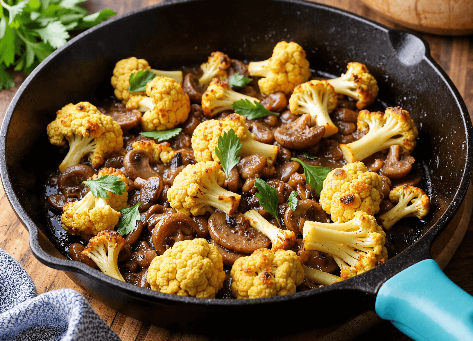 Low-carb garlic cauliflower mushroom skillet simmered in savory sauce with fresh parsley garnish.
