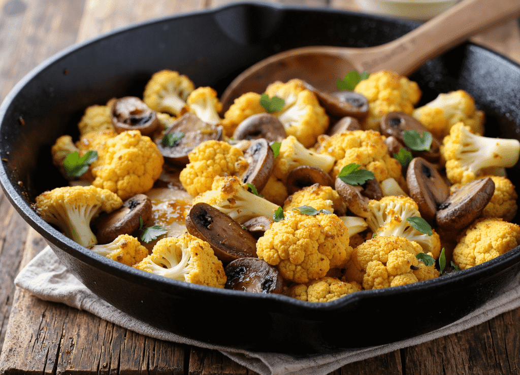 Garlic cauliflower mushroom skillet with golden roasted cauliflower florets, seared mushrooms, and fresh parsley in a cast-iron pan.