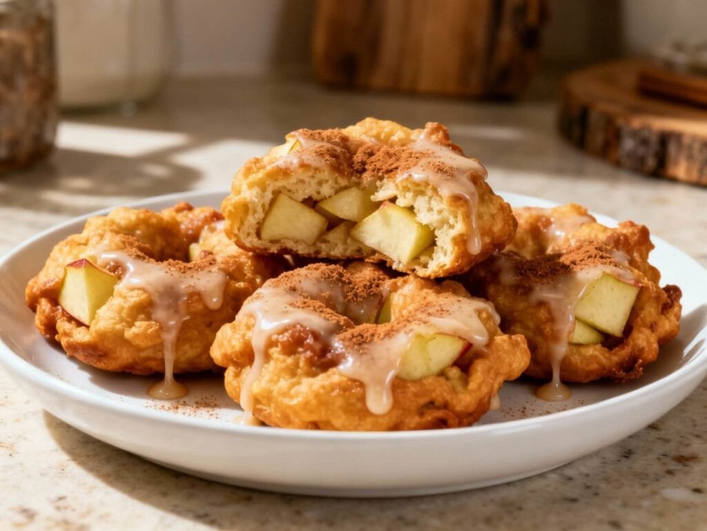 Warm baked apple fritters topped with cinnamon and glaze, served on a white plate.