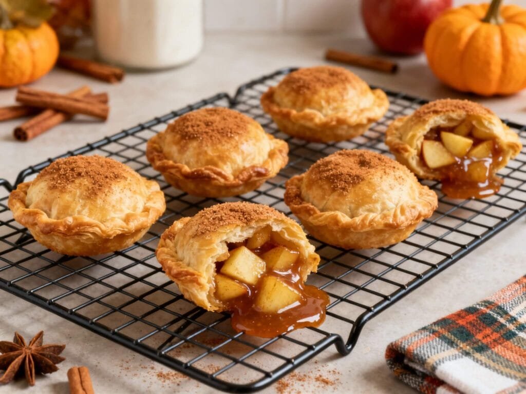 Mini apple pie bombs with golden flaky crust and gooey apple cinnamon filling cooling on a wire rack.
