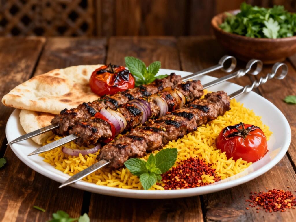 Juicy Persian beef koobideh skewers served with grilled tomatoes, basmati rice, fresh herbs, and flatbread.