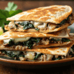 Golden baked spinach mushroom quesadilla slices stacked on a plate with melty cheese, fresh spinach, and mushrooms.