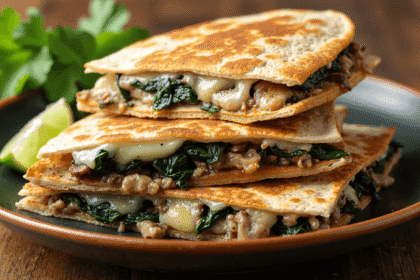 Golden baked spinach mushroom quesadilla slices stacked on a plate with melty cheese, fresh spinach, and mushrooms.