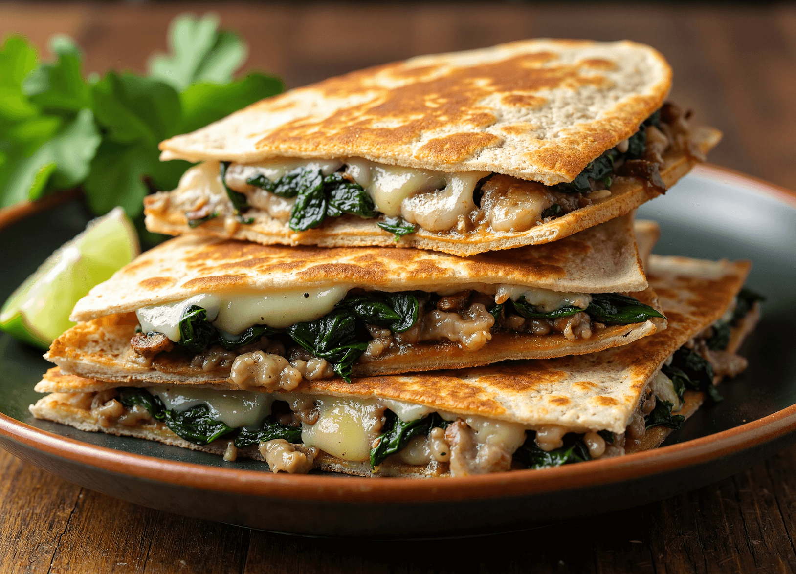 Golden baked spinach mushroom quesadilla slices stacked on a plate with melty cheese, fresh spinach, and mushrooms.