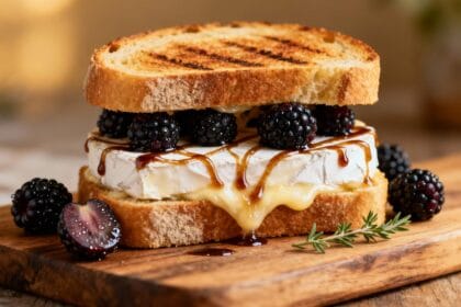Gourmet grilled cheese sandwich made with brie, fresh blackberries, and balsamic glaze layered between golden toasted bread.