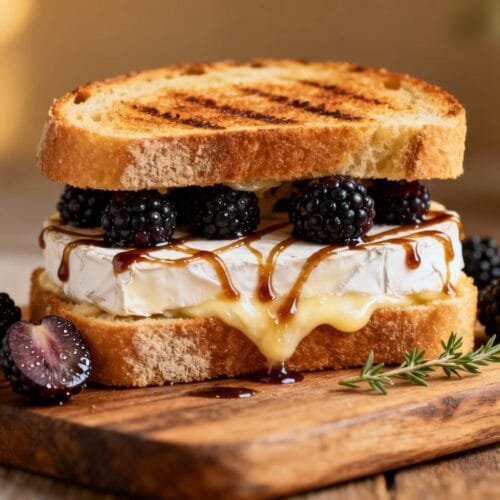 Gourmet grilled cheese sandwich made with brie, fresh blackberries, and balsamic glaze layered between golden toasted bread.
