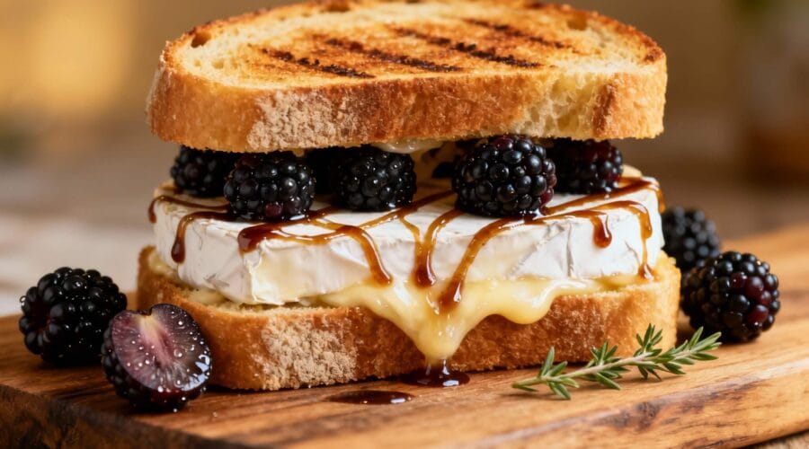Gourmet grilled cheese sandwich made with brie, fresh blackberries, and balsamic glaze layered between golden toasted bread.