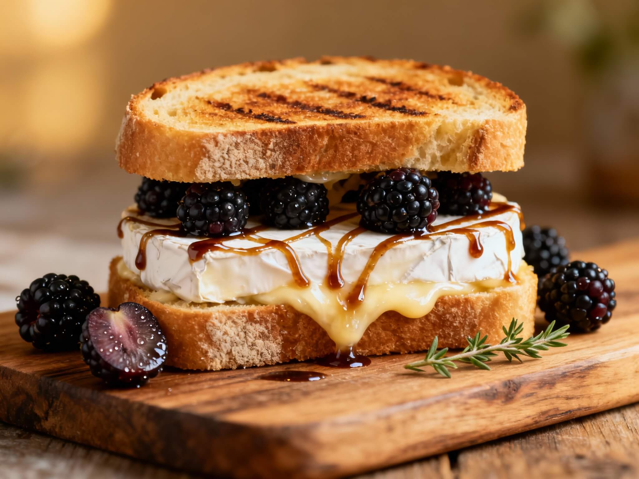 Gourmet grilled cheese sandwich made with brie, fresh blackberries, and balsamic glaze layered between golden toasted bread.