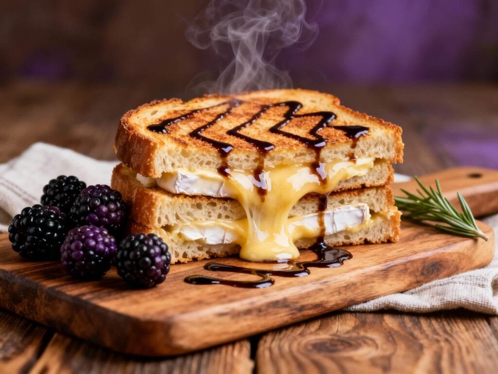 Hot grilled cheese sandwich with melted brie, blackberries, and balsamic glaze oozing between golden toasted bread.