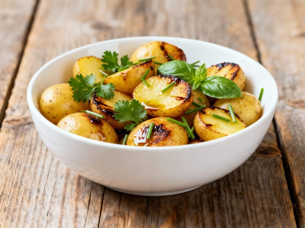 Balsamic potato salad with roasted baby potatoes, olive oil, and fresh parsley served in a white bowl on rustic wooden table.
