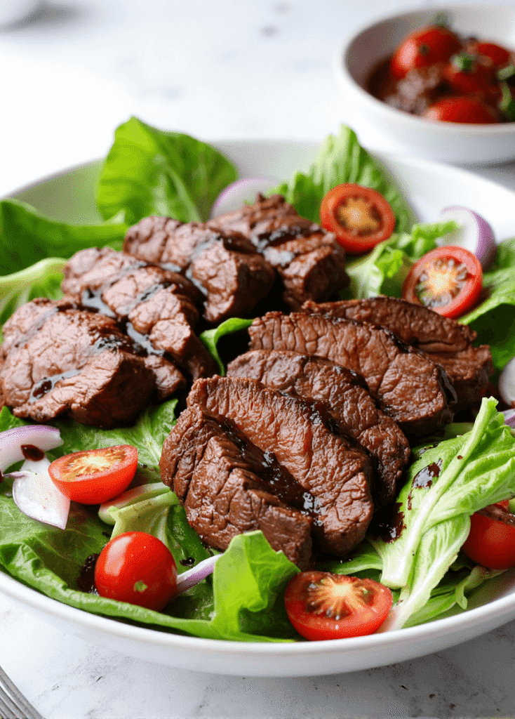 Grilled steak slices served on a bed of fresh greens with cherry tomatoes, red onions, and balsamic vinaigrette.