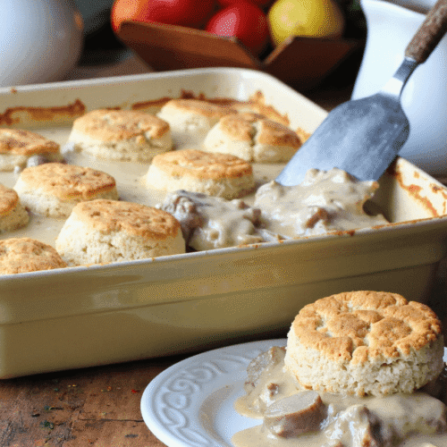 Southern-style biscuits and sausage gravy casserole served fresh in a baking dish with a golden biscuit on a plate.