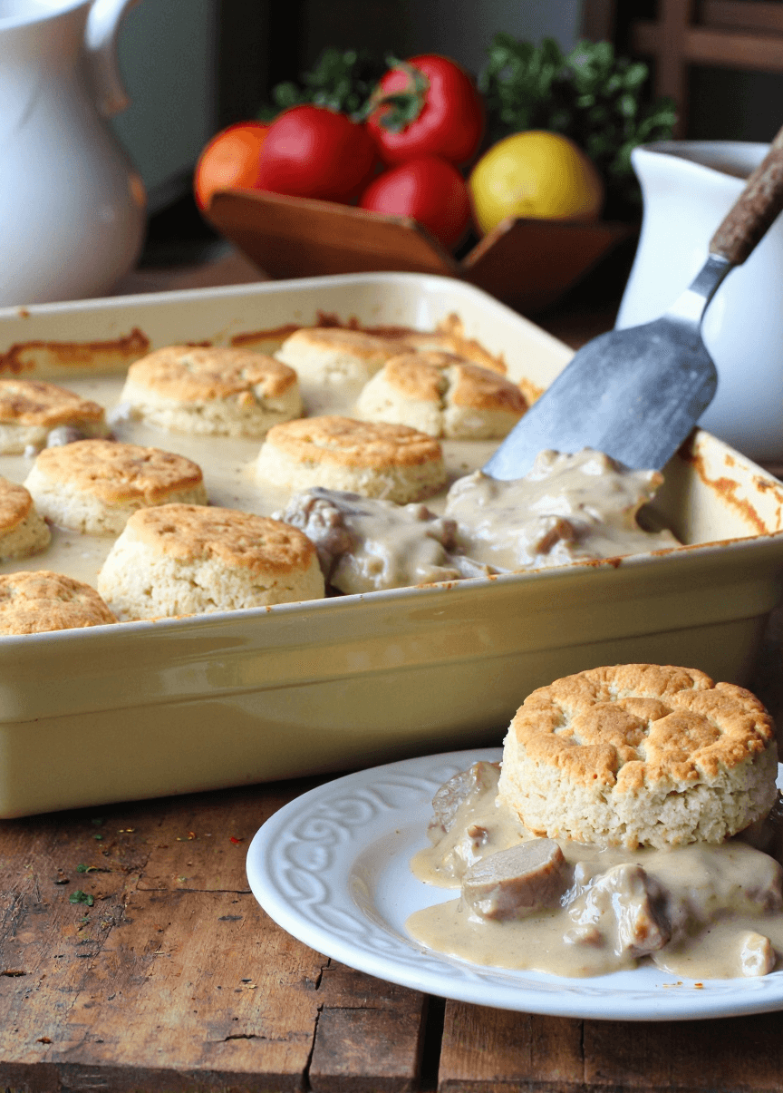 Southern-style biscuits and sausage gravy casserole served fresh in a baking dish with a golden biscuit on a plate.