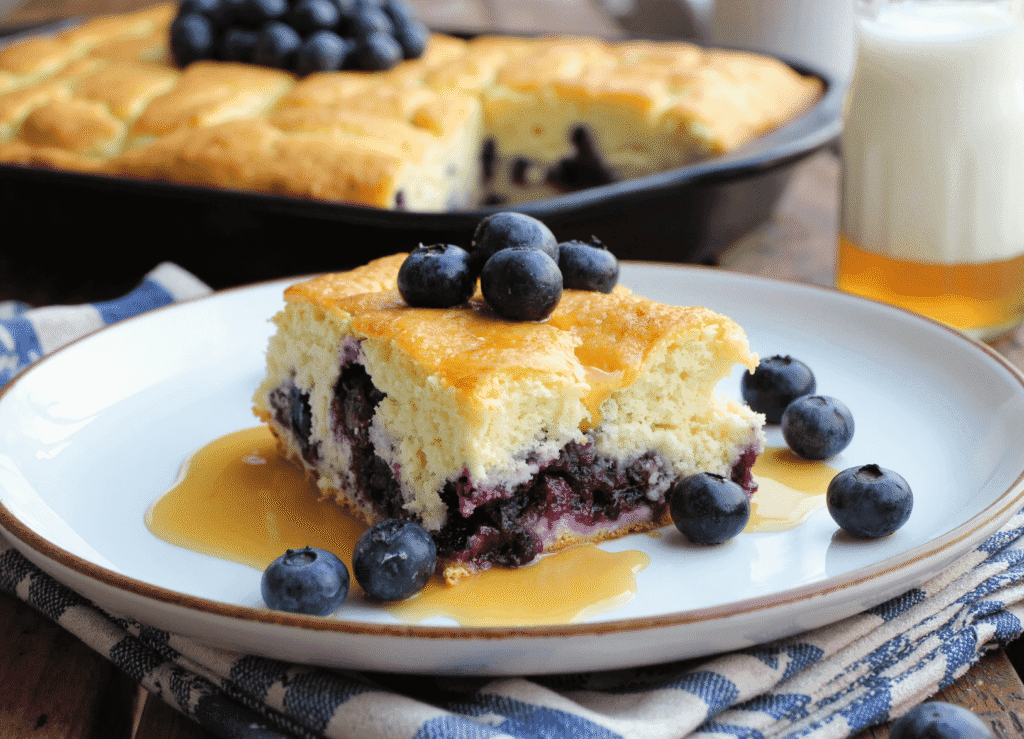 Slice of blueberry cottage cheese breakfast bake topped with fresh blueberries and drizzled with honey.