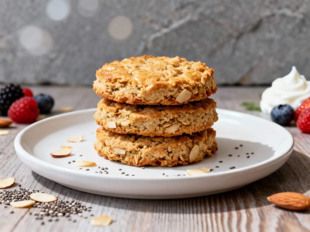 Stack of high-protein breakfast biscuits with almond slices on a white plate, surrounded by chia seeds and fresh berries.