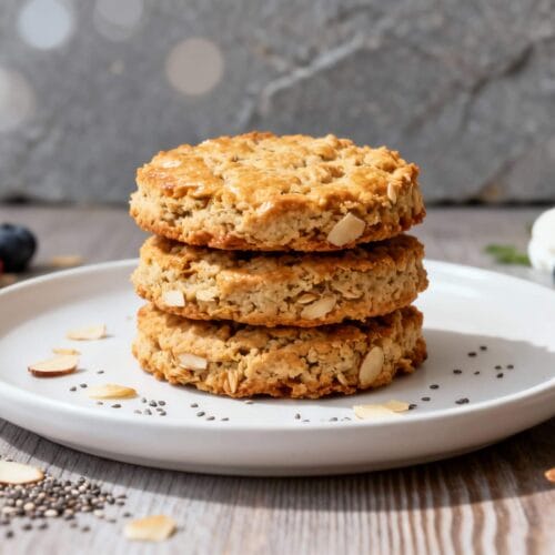 Stack of high-protein breakfast biscuits with almond slices on a white plate, surrounded by chia seeds and fresh berries.