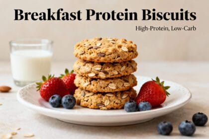 High-protein breakfast biscuits with oats and seeds stacked on a plate with fresh strawberries, blueberries, and a glass of milk.