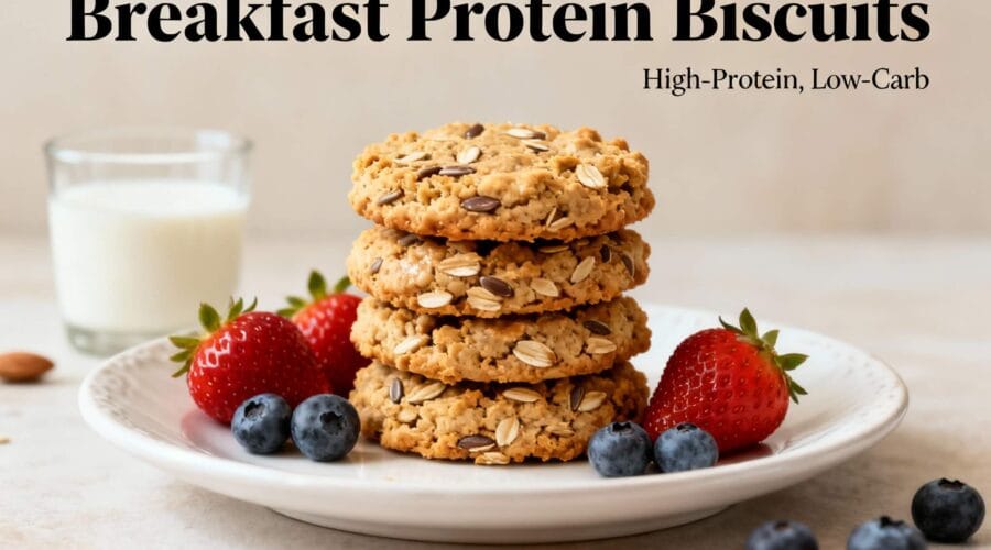 High-protein breakfast biscuits with oats and seeds stacked on a plate with fresh strawberries, blueberries, and a glass of milk.