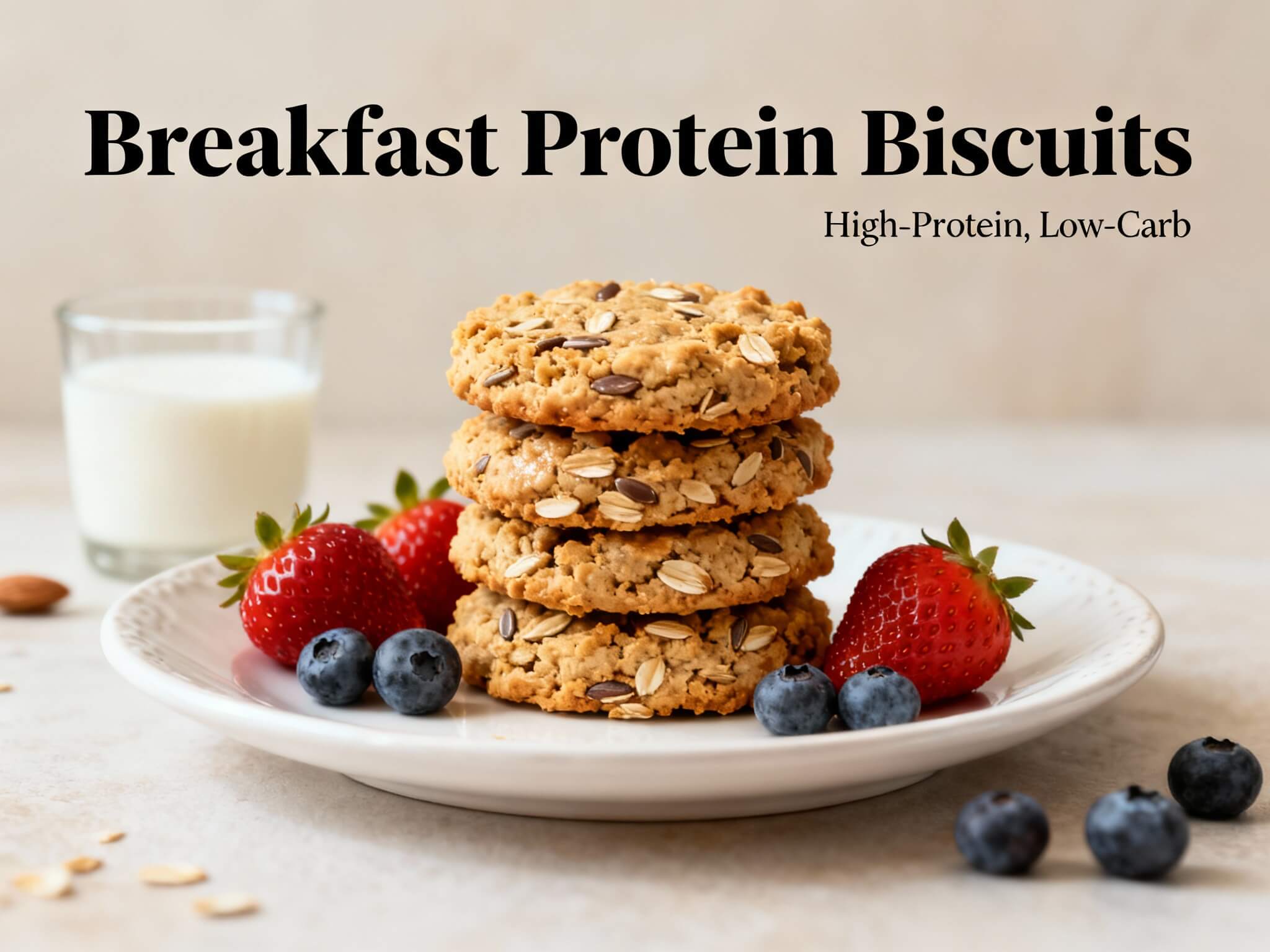 High-protein breakfast biscuits with oats and seeds stacked on a plate with fresh strawberries, blueberries, and a glass of milk.