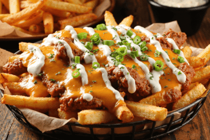 Cajun voodoo fries topped with spicy chicken, melted cheese, creamy ranch, and green onions.