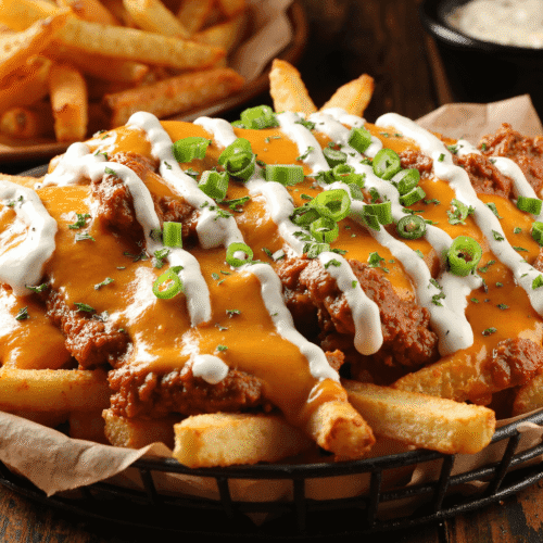 Cajun voodoo fries topped with spicy chicken, melted cheese, creamy ranch, and green onions.