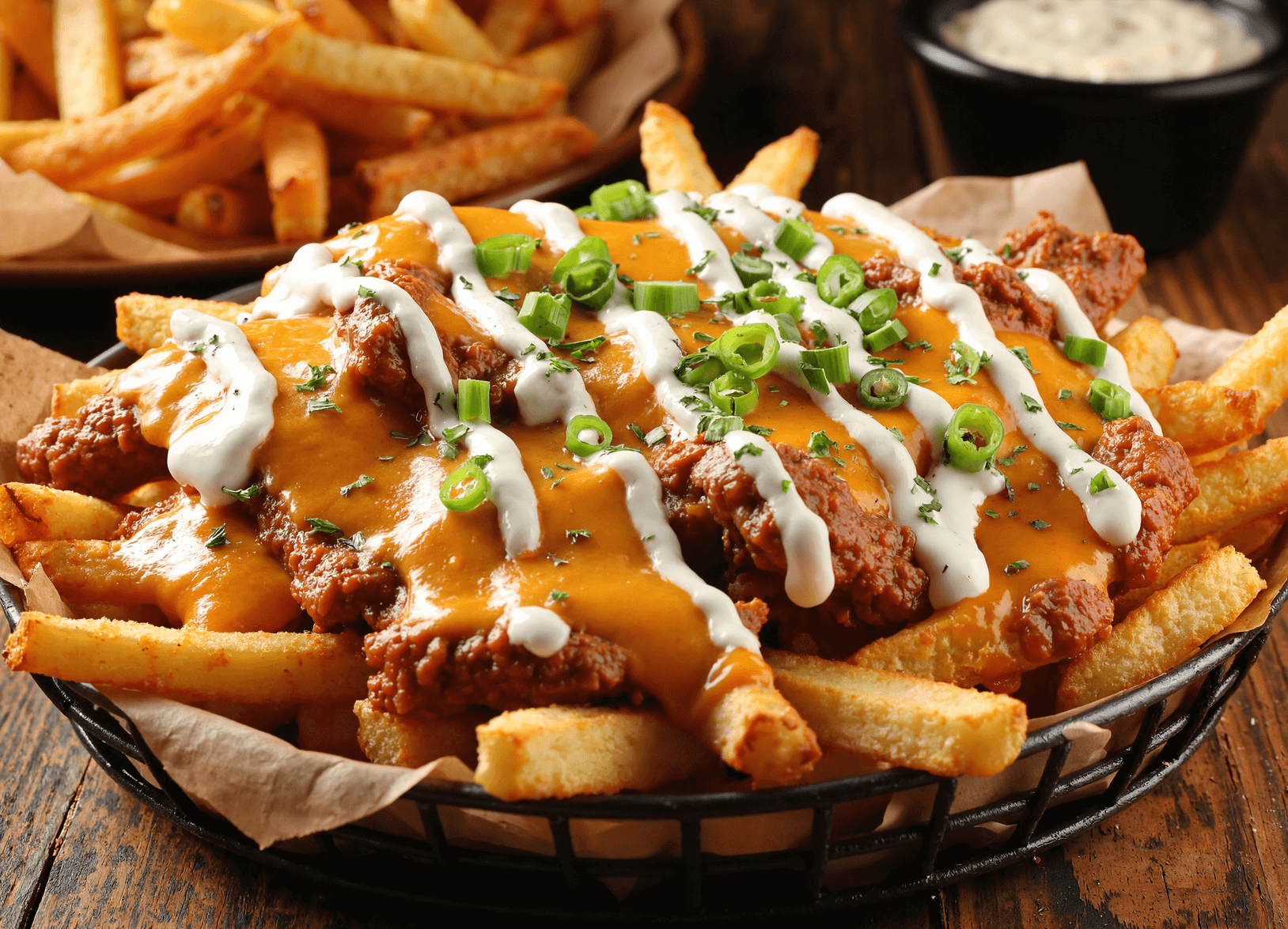 Cajun voodoo fries topped with spicy chicken, melted cheese, creamy ranch, and green onions.