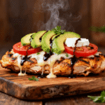 Juicy grilled chicken breast topped with melted mozzarella, sliced avocado, tomato, balsamic glaze, and fresh herbs on a rustic wooden board.