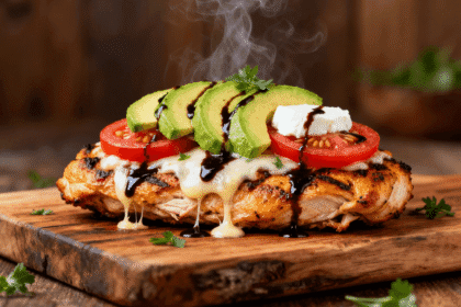 Juicy grilled chicken breast topped with melted mozzarella, sliced avocado, tomato, balsamic glaze, and fresh herbs on a rustic wooden board.