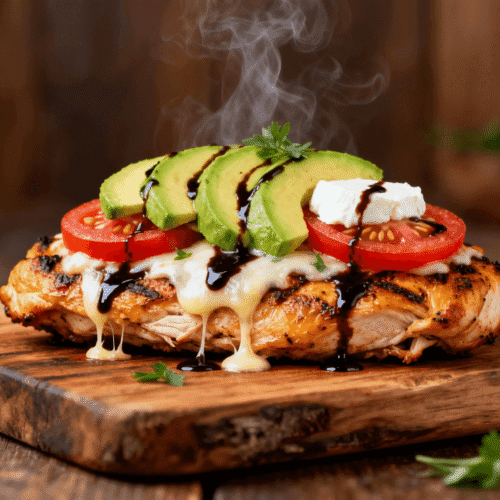 Juicy grilled chicken breast topped with melted mozzarella, sliced avocado, tomato, balsamic glaze, and fresh herbs on a rustic wooden board.