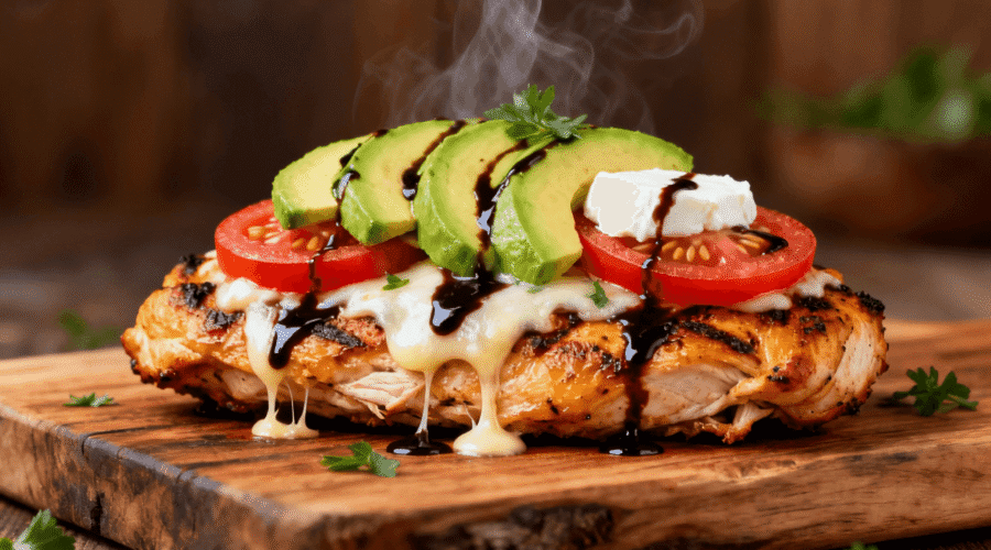 Juicy grilled chicken breast topped with melted mozzarella, sliced avocado, tomato, balsamic glaze, and fresh herbs on a rustic wooden board.