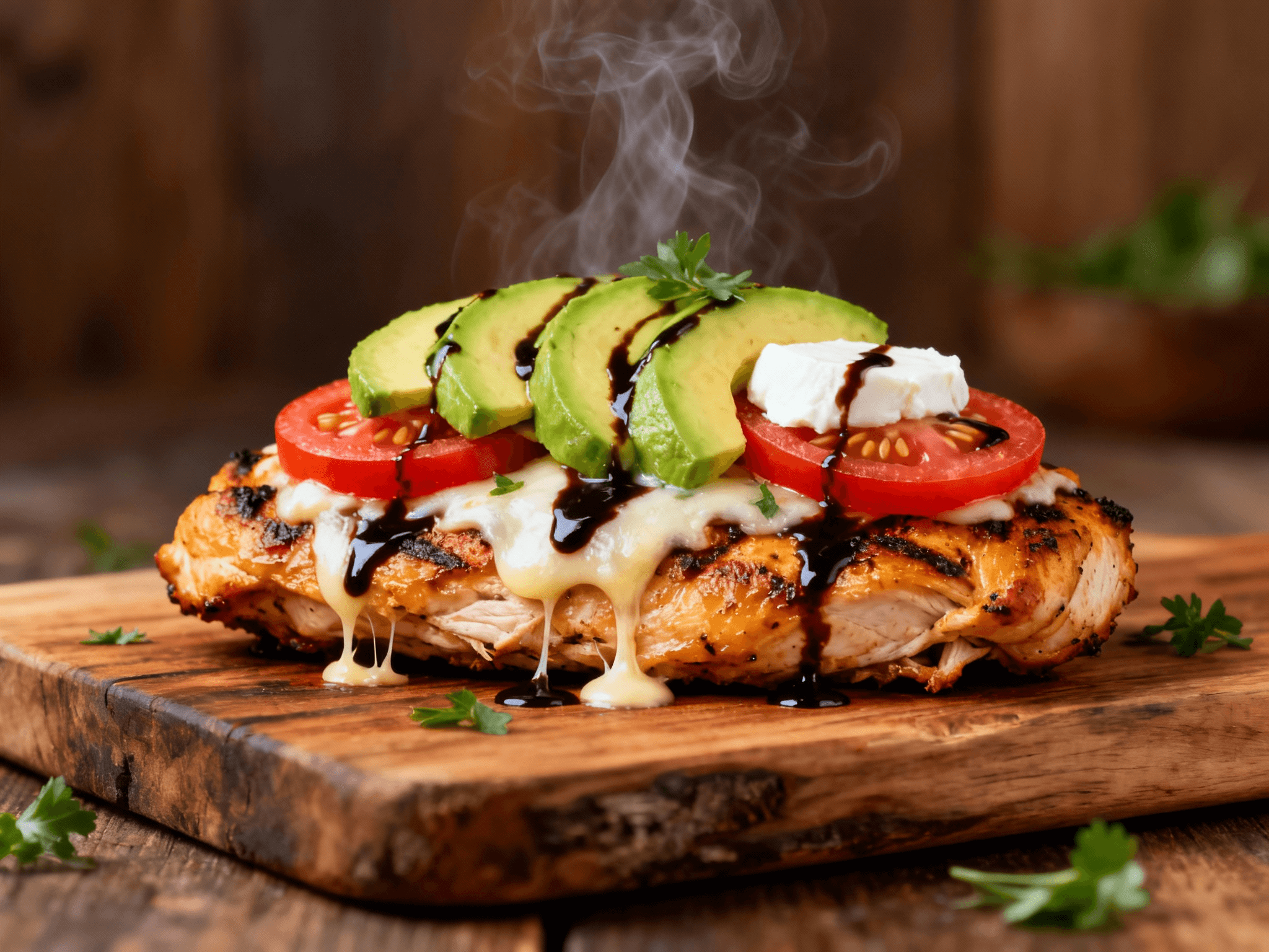 Juicy grilled chicken breast topped with melted mozzarella, sliced avocado, tomato, balsamic glaze, and fresh herbs on a rustic wooden board.