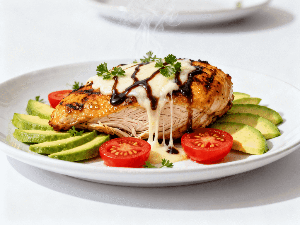 Grilled chicken breast topped with melted cheese and balsamic glaze, surrounded by fresh avocado slices and halved cherry tomatoes.