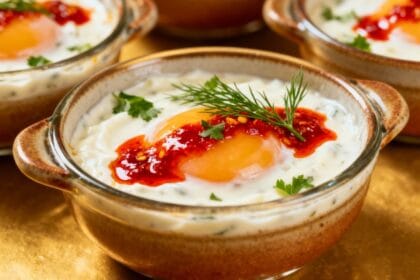 Baked Turkish egg pots in ceramic bowls, topped with poached eggs, chili butter, and herbs over garlic yogurt.
