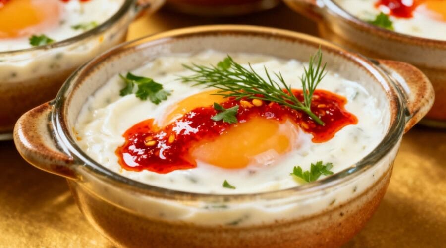 Baked Turkish egg pots in ceramic bowls, topped with poached eggs, chili butter, and herbs over garlic yogurt.