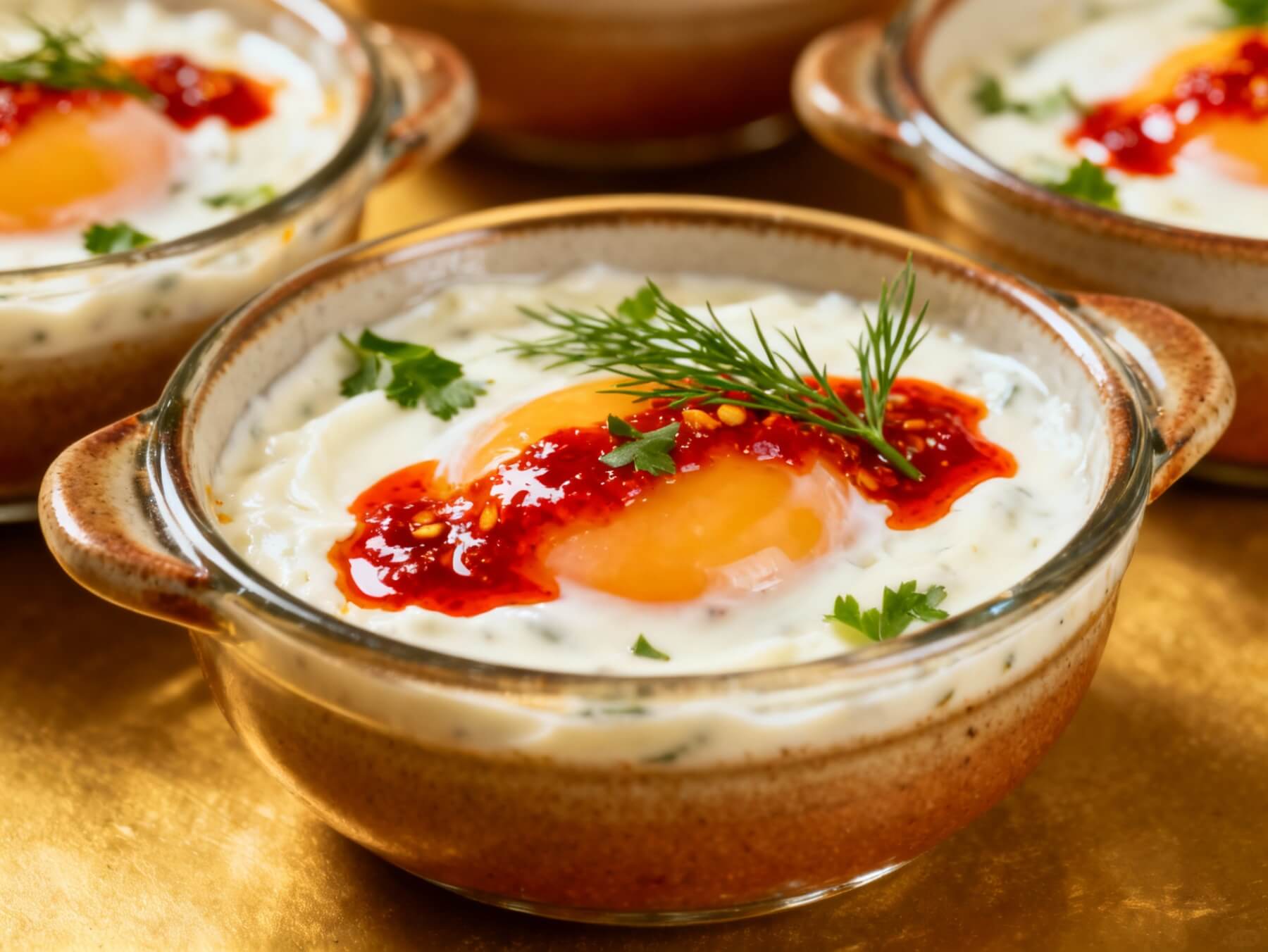 Baked Turkish egg pots in ceramic bowls, topped with poached eggs, chili butter, and herbs over garlic yogurt.
