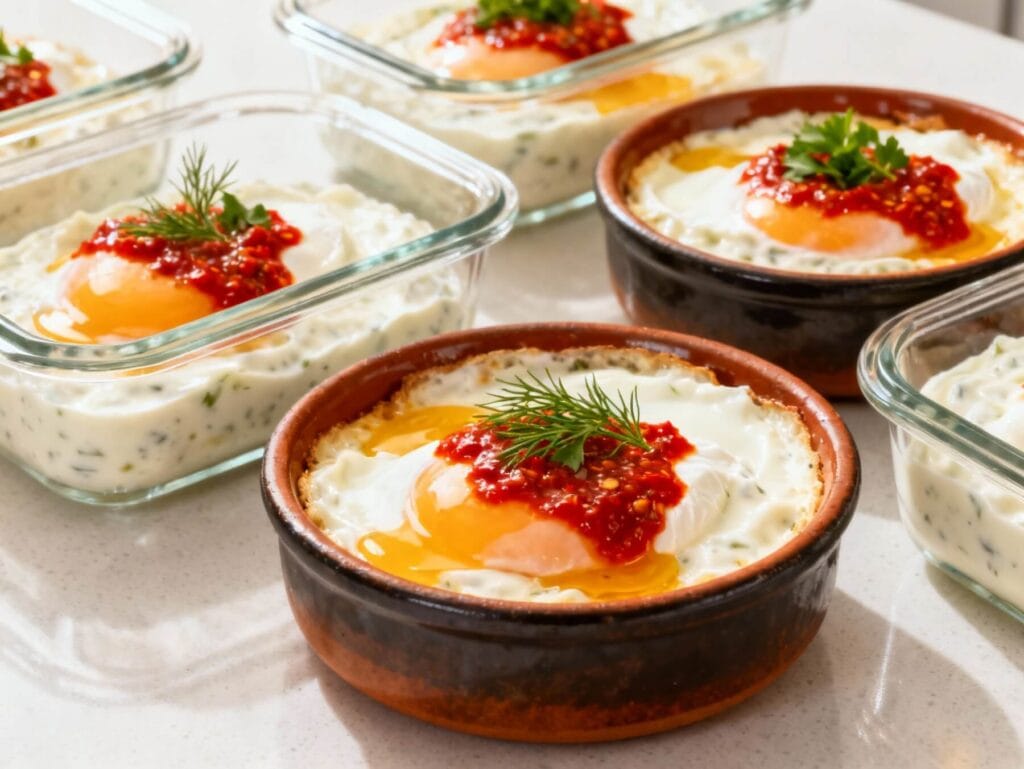 Glass and ceramic containers filled with Turkish egg pots featuring poached eggs, garlic yogurt, and chili butter on a white kitchen counter.
