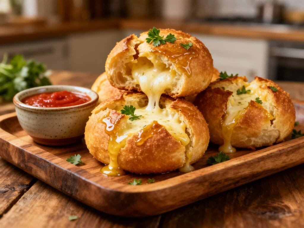 Gooey mozzarella-filled garlic bread balls served warm with marinara sauce on a wooden tray.