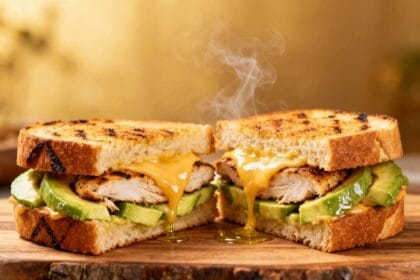 Hot grilled Chicken Avocado Melt Sandwich with golden bread, creamy avocado slices, juicy chicken breast, and melted cheese dripping onto a wooden board.