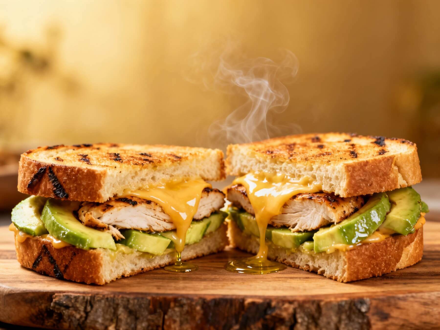Hot grilled Chicken Avocado Melt Sandwich with golden bread, creamy avocado slices, juicy chicken breast, and melted cheese dripping onto a wooden board.
